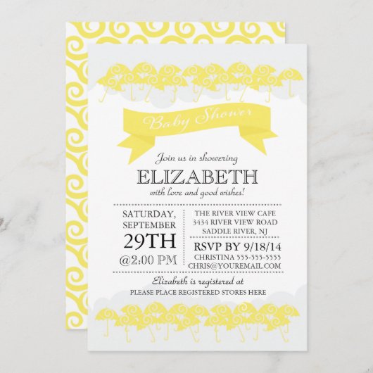 Moderne gelbe Regenschirm-Neutral-Baby-Dusche Einladung (Vorne/Hinten)