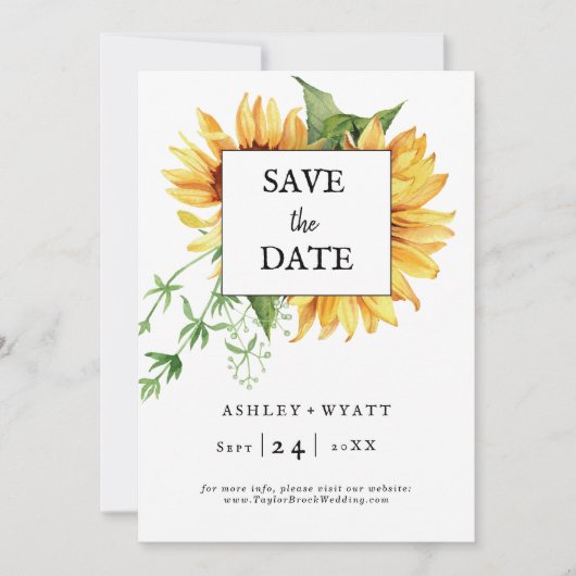 Moderne gelbe Sonnenblumen-Hochzeit Flat Save The Date (Vorderseite)