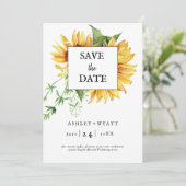 Moderne gelbe Sonnenblumen-Hochzeit Flat Save The Date (Stehend Vorderseite)
