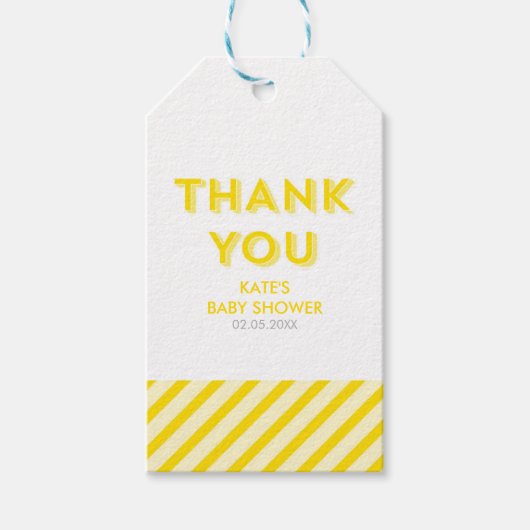 Moderne gelbe Streifen Danke Babydusche Geschenkanhänger (Vorderseite)