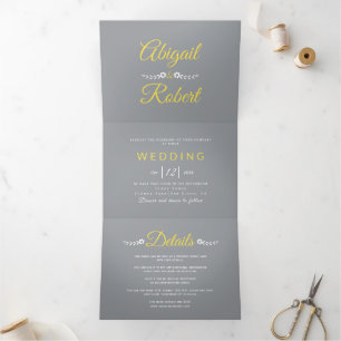 Moderne gelbe Typografie, Hochzeit mit grauem Foto Dreifach Gefaltete Einladung