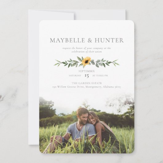 Moderne Gelbe Wasserfarbe Sonnenblumen Foto Hochze Einladung (Vorderseite)