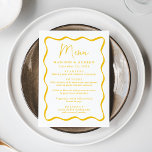 Moderne gelbe Wavy-Rahmen-Hochzeit Menükarte<br><div class="desc">Fügen Sie Ihrer Verlobungsfeier,  dem Probe-Dinner oder dem Hochzeitsempfang eine Vintage Touch hinzu. Das Design zeigt die Namen der Paare,  das Hochzeitdatum und die Menüoptionen in fett gelben Buchstaben,  umgeben von einem gelben Rahmen mit einem weißen Hintergrund. Das Retro-Hochzeitsmenü koordiniert mit unserer Hochzeitskollektion Moderner Rahmen.</div>