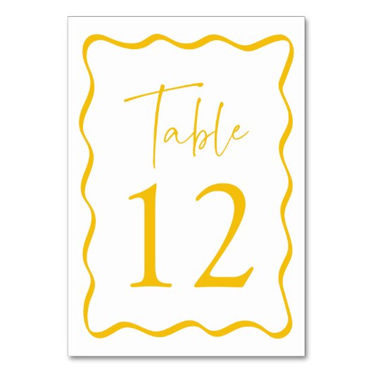 Moderne gelbe Wavy-Rahmen-Hochzeit Tischnummer (Rückseite)