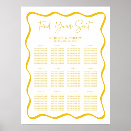Moderne gelbe Wavy-Rahmen-Hochzeitstabelle Poster (Vorne)