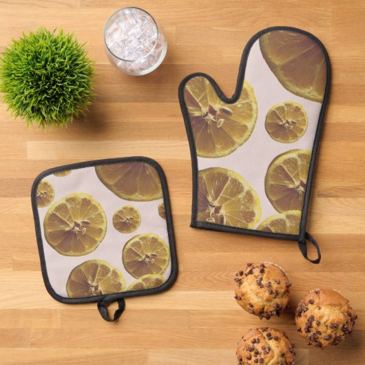 Moderne gelbe Zitronen, frische Fruchtringe Ofenhandschuh & Topflappen-Set (Oben Unten)