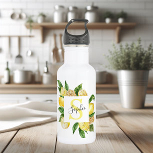 Moderne gelbe Zitronen Rahmen & Blätter mit Namen Edelstahlflasche