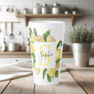 Moderne gelbe Zitronen Rahmen & Blätter mit Namen Milchtasse