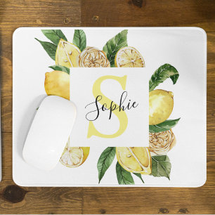 Moderne gelbe Zitronen Rahmen & Blätter mit Namen Mousepad