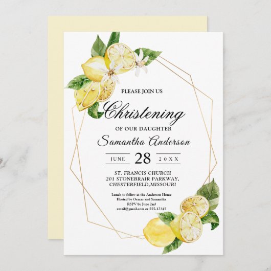 Moderne Gelbe Zitronen und Gold Rahmen Beauty Einladung (Vorne/Hinten)
