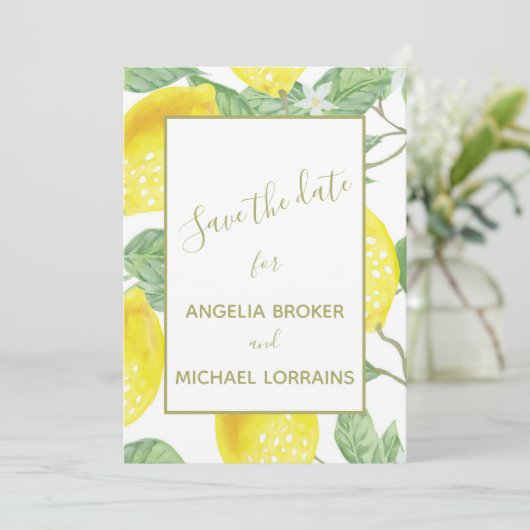Moderne Gelbe Zitronen und grünes Foto für Hochzei Save The Date (Stehend Vorderseite)