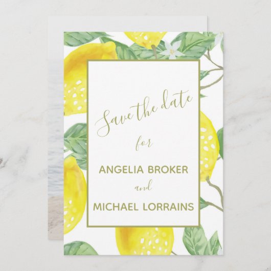 Moderne Gelbe Zitronen und grünes Foto für Hochzei Save The Date (Vorne/Hinten)
