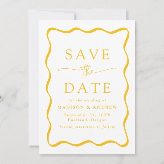 Moderne Gelbwavy-Frame-Foto-Hochzeit Save The Date (Vorderseite)