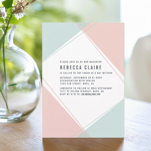 Moderne Gem Coral und Mint Bat Mitzvah Einladung