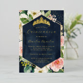 Moderne Geo Blush Navy Blumenquinceanera Folieneinladung (Stehend vorne)