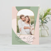 Moderne Geo Sage Green Dusty Pink Foto Hochzeit Save The Date (Stehend Vorderseite)