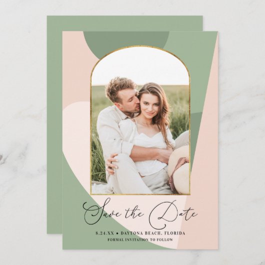 Moderne Geo Sage Green Dusty Pink Foto Hochzeit Save The Date (Vorne/Hinten)