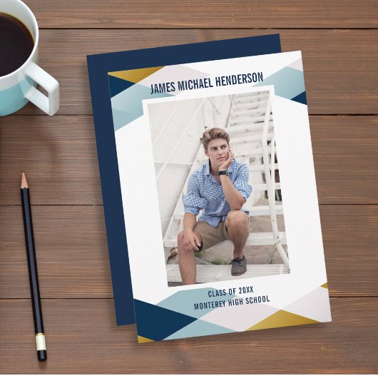 Moderne Geometric Blue Grad Foto Graduation Party Einladung