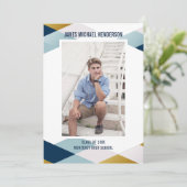 Moderne Geometric Blue Grad Foto Graduation Party Einladung (Stehend Vorderseite)