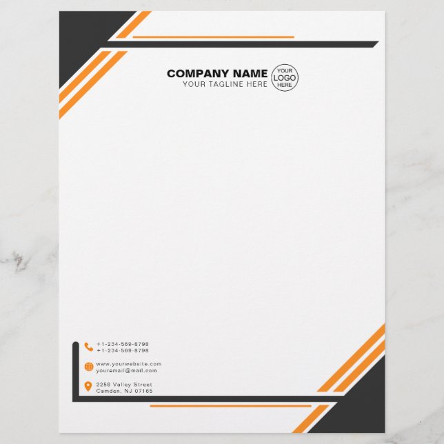 Moderne Geometrie aus Schwarz und Orange Briefbogen (Vorderseite)
