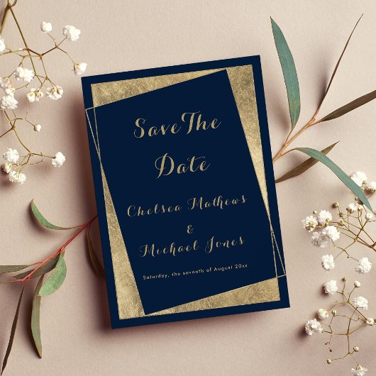 Moderne geometrisch-blaue Imitate Gold Save the Da Date