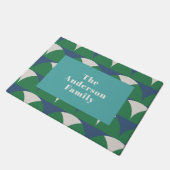 Moderne geometrisch-blaugrüne Retrofamilie Fußmatte (Schrägansicht)