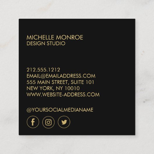 Moderne geometrische Art-Deco-Imitate Gold/Schwarz Quadratische Visitenkarte (Rückseite)