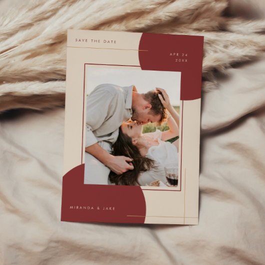 Moderne geometrische Beige Inline-Foto Hochzeit Save The Date