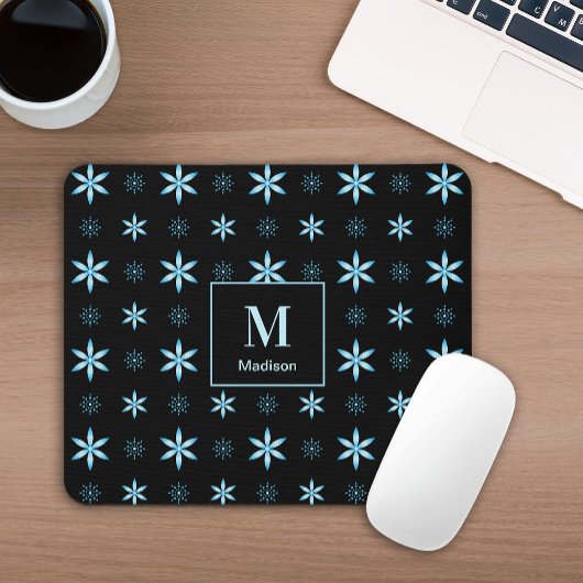 Moderne geometrische blaue florale Monogramm-Mausp Mousepad