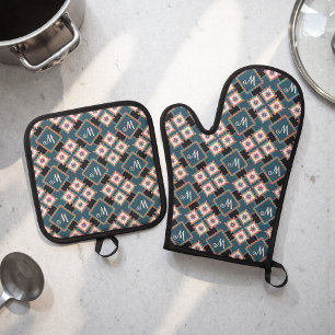 Moderne geometrische Blumenmonogramm-Blumenmuster Ofenhandschuh & Topflappen-Set