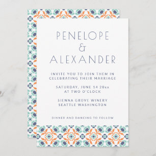 Moderne geometrische Botanische Blaue Orangenhochz Einladung