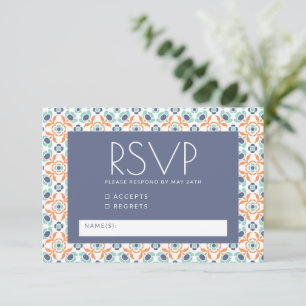 Moderne geometrische Botanische Blaue Orangenhochz RSVP Karte