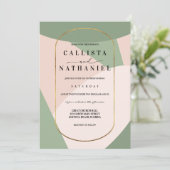 Moderne geometrische Darstellung Grüne, rosa Hochz Einladung (Stehend Vorderseite)