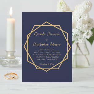 Moderne geometrische elegante blaue und goldene Ho Einladung