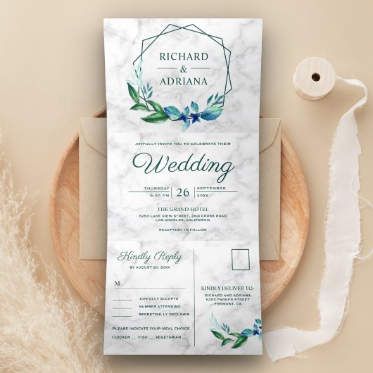 Moderne geometrische Emerald Green Leaf Wreath Wed Dreifach Gefaltete Einladung