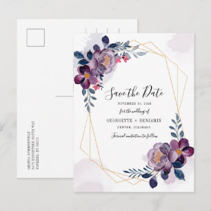 Moderne geometrische florale lila Save-the-Date-Ka Ankündigungspostkarte