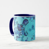 Moderne geometrische Formen mit Monogramm in blau Tasse (Vorderseite Links)