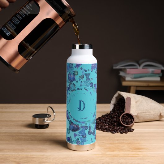 Moderne geometrische Formen mit Monogramm in blau Trinkflasche (Kaffee)
