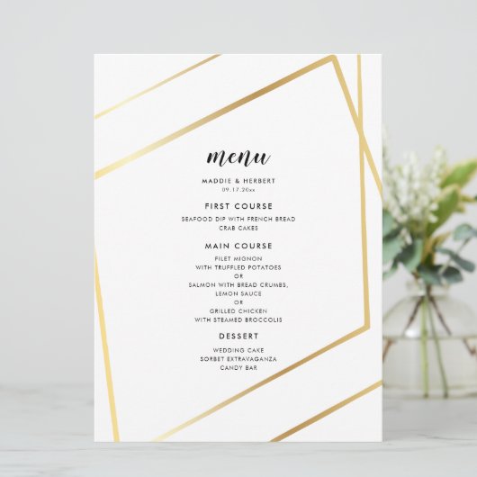 Moderne geometrische Goldrahmen-Hochzeit Menükarte (Stehend Vorderseite)
