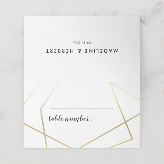 Moderne geometrische Goldrahmen-Hochzeit Platzkarte (Außenseite Aufgefaltet)