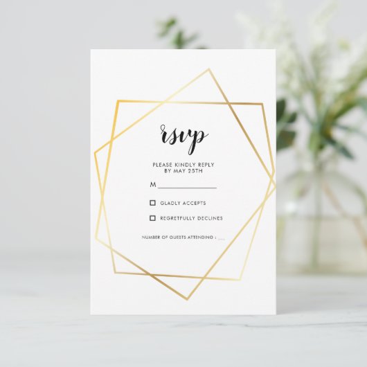 Moderne geometrische Goldrahmen-Hochzeit RSVP Karte (Stehend Vorderseite)