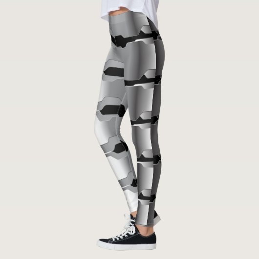 Moderne geometrische Graue und schwarze Metallic T Leggings (Links)