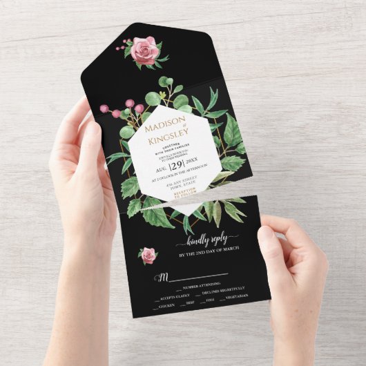 Moderne geometrische Hochzeit der Schwarzen Flora All In One Einladung (Abreißen)