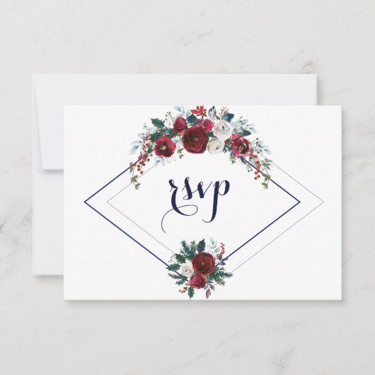 Moderne geometrische Hochzeit des Burgundy Navy RSVP Karte (Vorderseite)