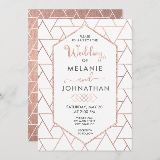 Moderne geometrische Hochzeitseinladung, Rose Gold Einladung (Vorne/Hinten)