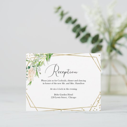 Moderne geometrische Hochzeitsempfangskarte für Gr RSVP Karte (Stehend Vorderseite)