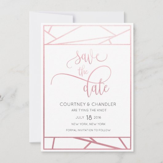Moderne geometrische Imitat Rose Gold Save the Dat Date (Vorderseite)