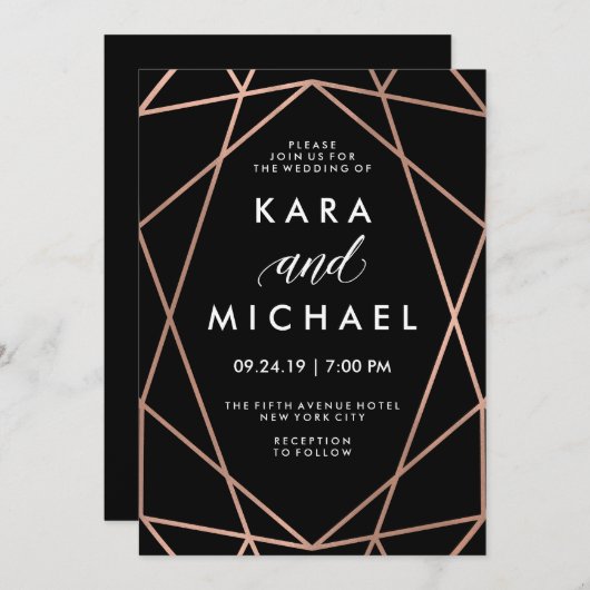 Moderne geometrische Imitate Rose Gold auf Schwarz Einladung (Vorne/Hinten)