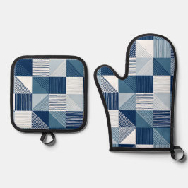 Moderne geometrische Karos mit Linien in blau Ofenhandschuh & Topflappen-Set