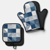 Moderne geometrische Karos mit Linien in blau Ofenhandschuh & Topflappen-Set (Vorderseite/Rückseite)